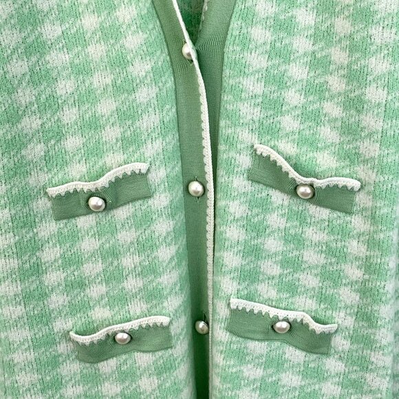 Miu Miu Green Checkered Knitted Cardigan Jacket With Pearl Details & Pockets Siz - Picture 6 of 8